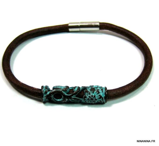 N4629d_bracelet_cuir_tube_turquoise_bronze