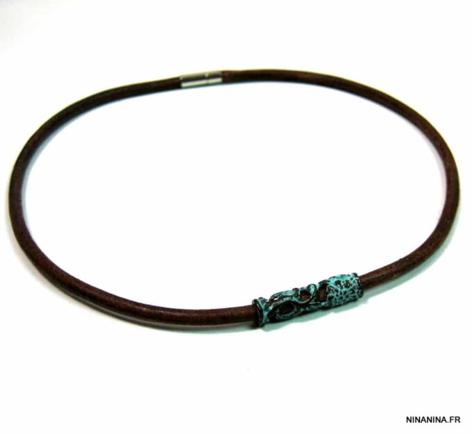 N4630b_collier_homme_cuir_tube_turquoise_bronze