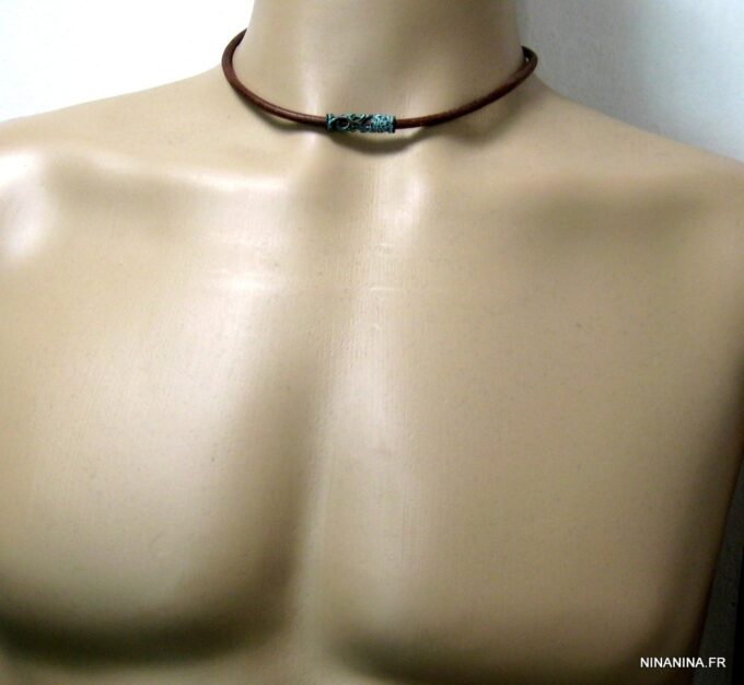 N4630c_collier_homme_cuir_tube_turquoise_bronze