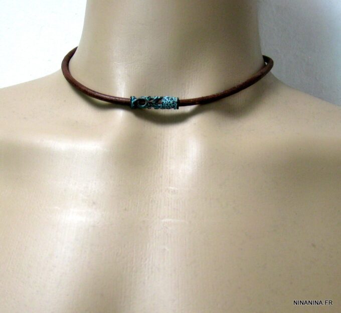 N4630d_collier_homme_cuir_tube_turquoise_bronze