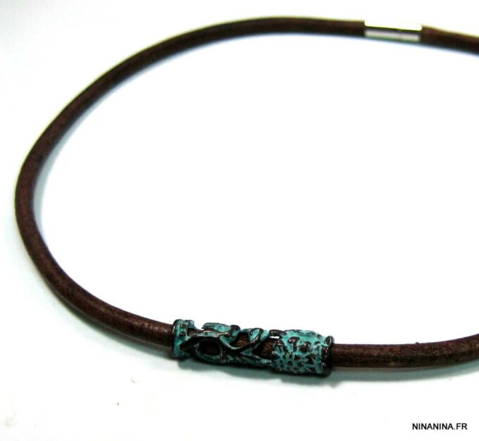 N4630e_collier_homme_cuir_tube_turquoise_bronze