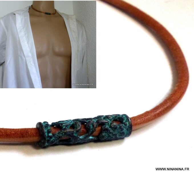 N4630f_Collier_homme_cordon_cuir_perle_tube_patine_turquoise_NINANINA