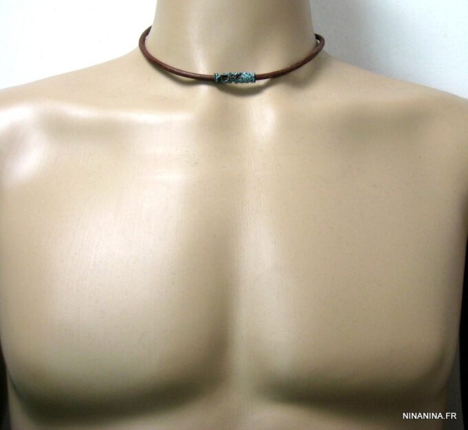 N4630f_collier_homme_cuir_tube_turquoise_bronze