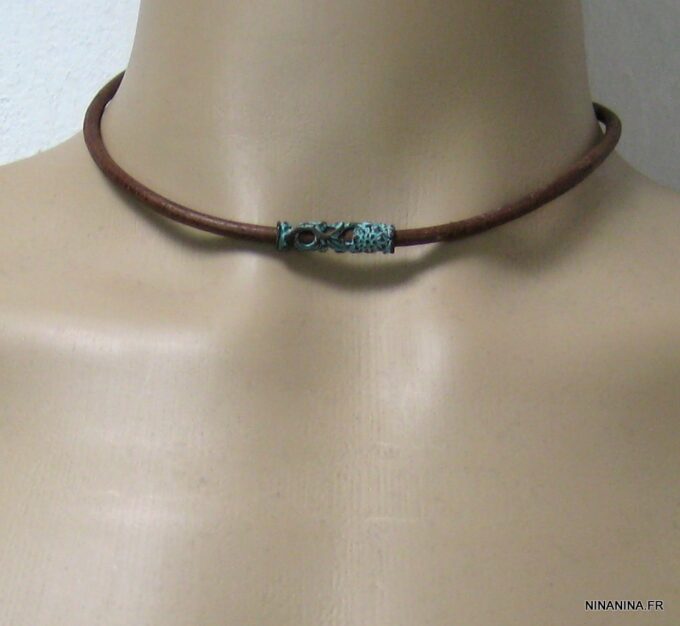 N4630g_collier_homme_cuir_tube_turquoise_bronze