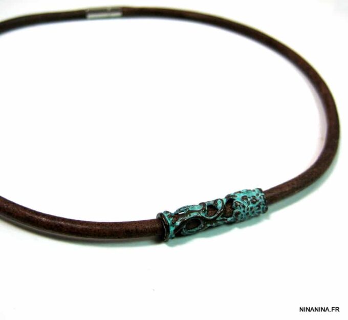 N4630h_collier_homme_cuir_tube_turquoise_bronze