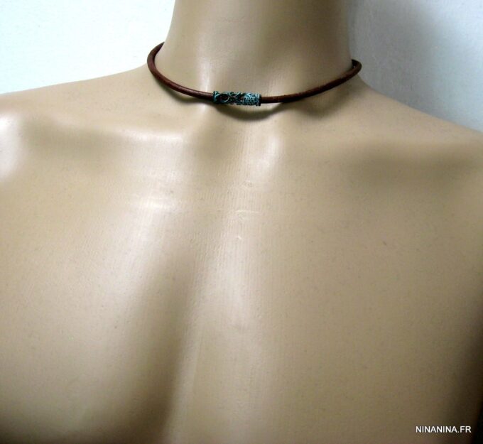 N4630i_collier_homme_cuir_tube_turquoise_bronze
