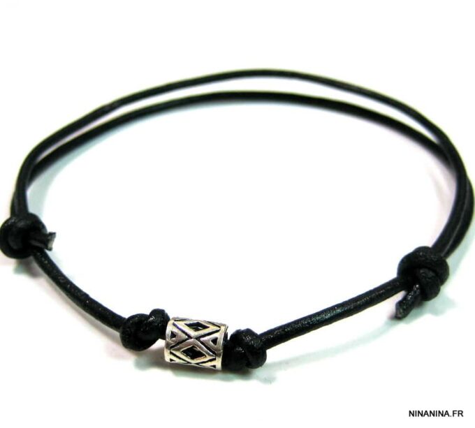 N4655d_bracelet_de_cheville_homme_cordon_cuir_tube_argent_massif