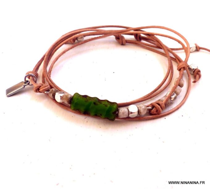 N4680d_Bracelet_wrap_lacet_cuir_perle_rectangle_verte_-_Bijoux_Bracelets_en_ligne_Ninanina