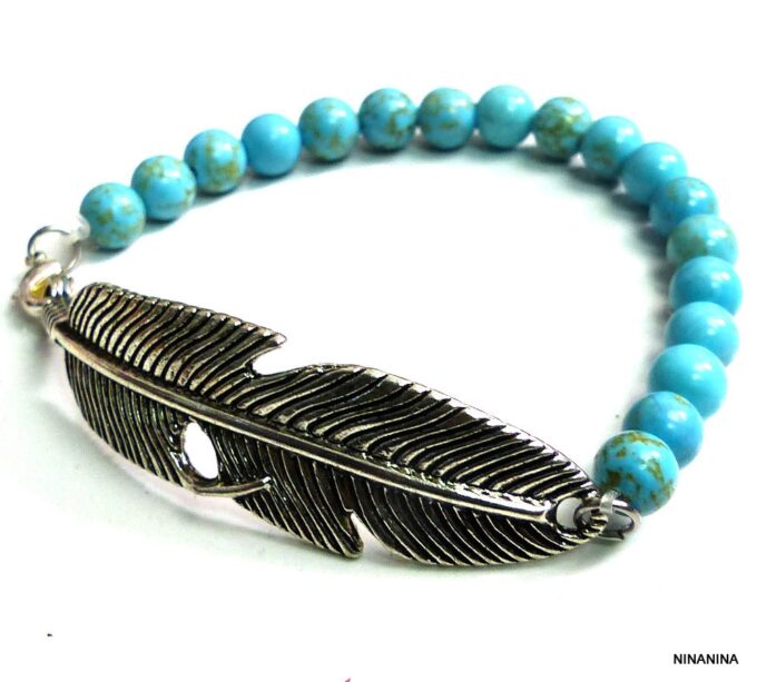 N4689bis_Bracelet_plume_metal_argente_et_turquoises_veritables