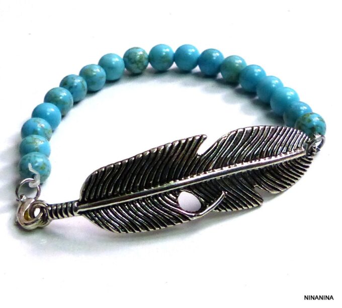 N4689bisa_Bracelet_plume_metal_argente_et_turquoises_veritables