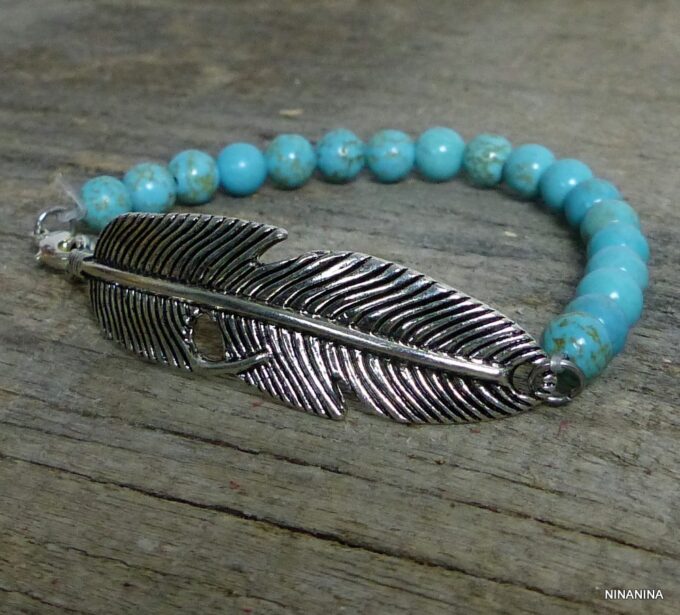 N4689bisb_Bracelet_plume_metal_argente_et_turquoises_veritables