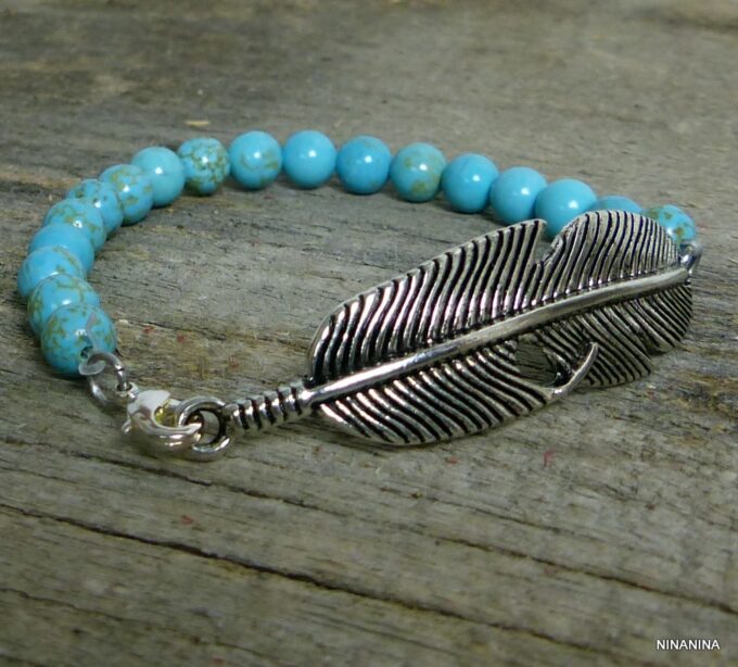 N4689bisc_Bracelet_plume_metal_argente_et_turquoises_veritables