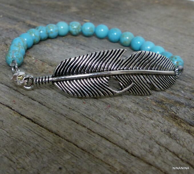 N4689bise_Bracelet_plume_metal_argente_et_turquoises_veritables