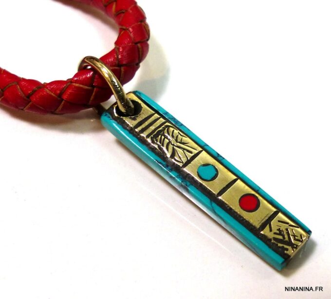 N4743a_porte_cle_cordon_cuir_rouge_amulette_turquoise