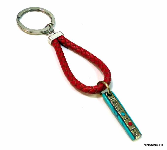 N4743b_porte_cle_cordon_cuir_rouge_amulette_turquoise