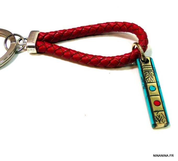 N4743c_porte_cle_cordon_cuir_rouge_amulette_turquoise