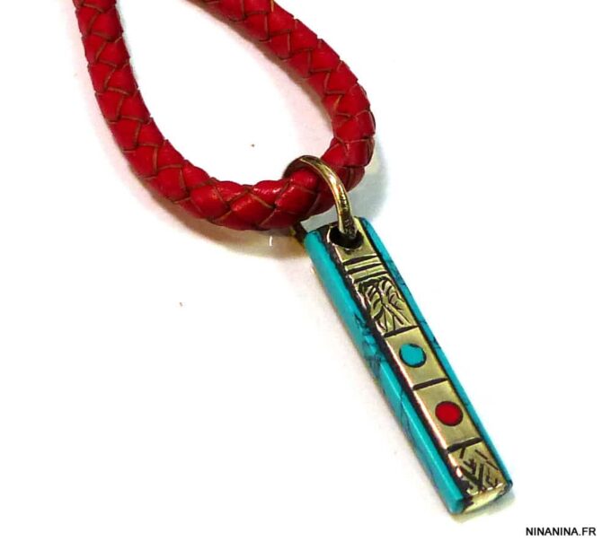 N4743d_porte_cle_cordon_cuir_rouge_amulette_turquoise