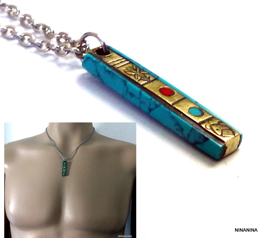 Collier porte bonheur homme amulette turquoise - Ninanina