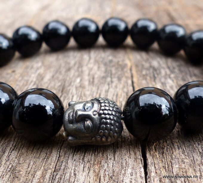 N4790b_Bracelet_elastique_homme_bouddha_metal_argent_agate_onyx_noir_brillant_-_Bijoux_Bracelets_en_ligne_Ninanina