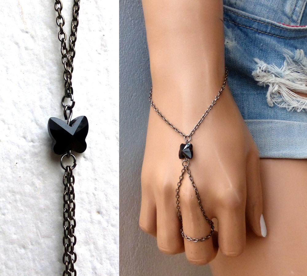 Bracelet bague Swarovski papillon cristal acier inox noir Ninanina