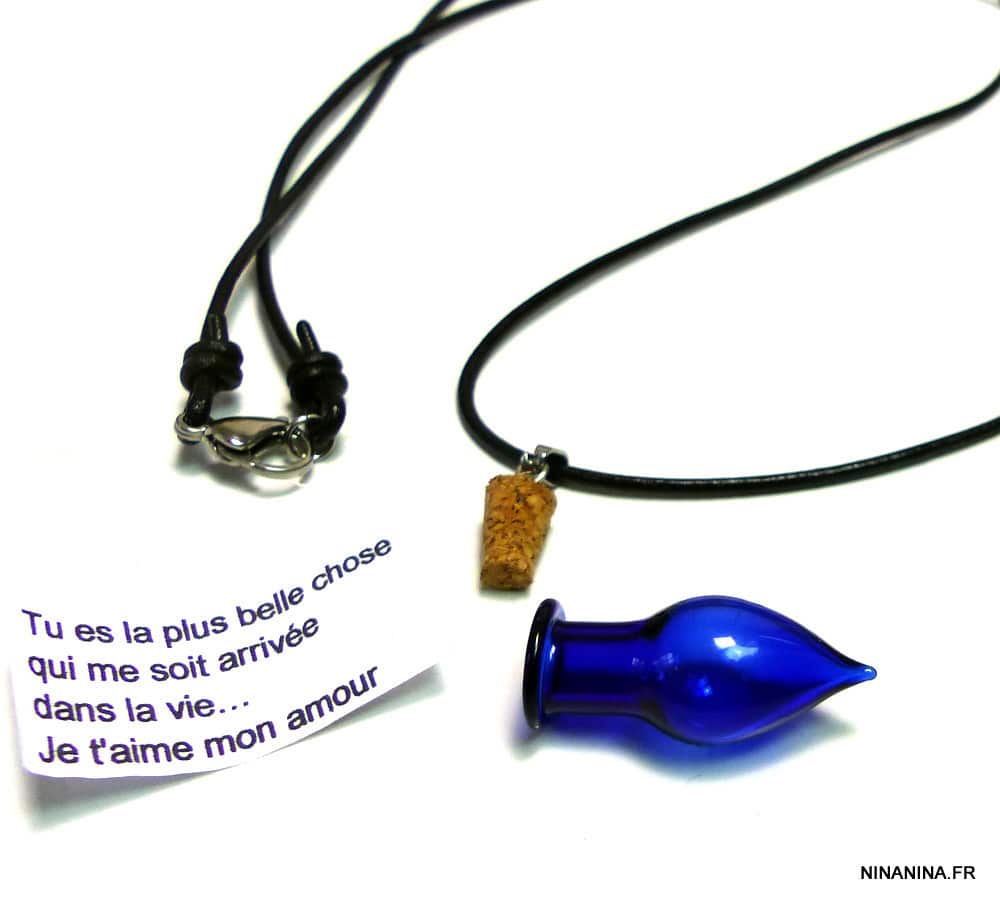 Collier cordon cuir message fiole de verre bleue – Image 2