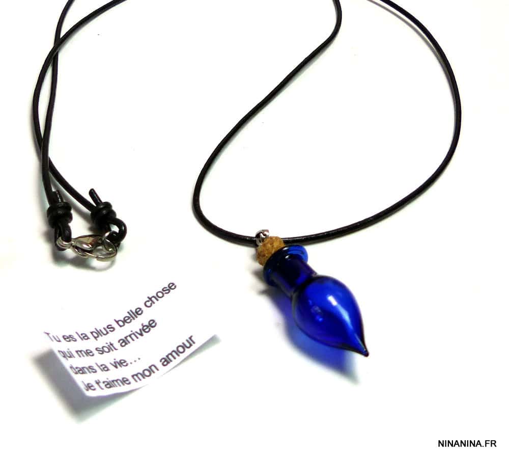 Collier cordon cuir message fiole de verre bleue – Image 3