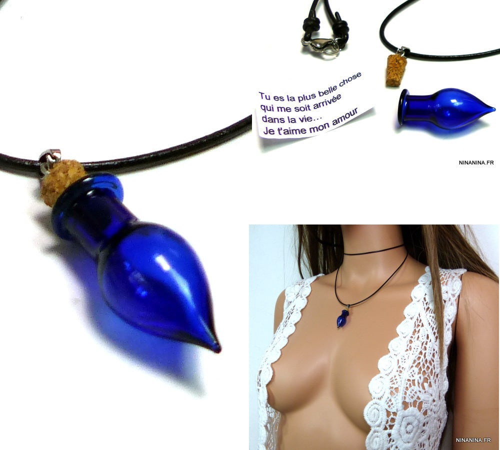 Collier cordon cuir message fiole de verre bleue