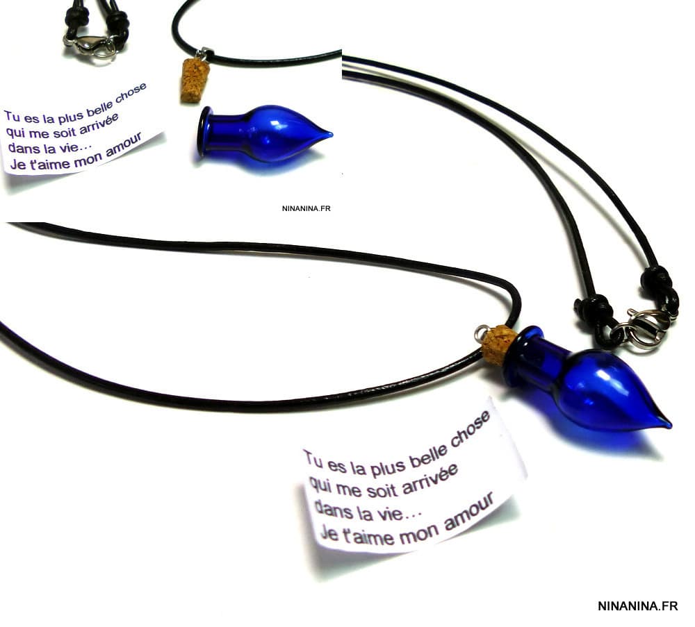 Collier cordon cuir message fiole de verre bleue – Image 4