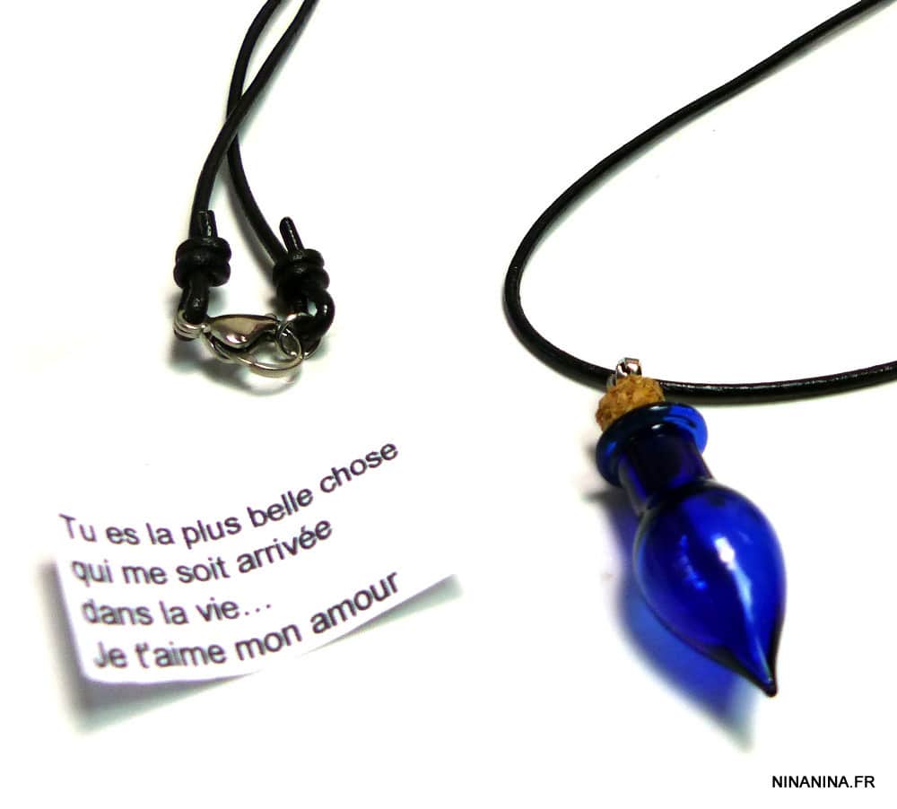 Collier cordon cuir message fiole de verre bleue – Image 5