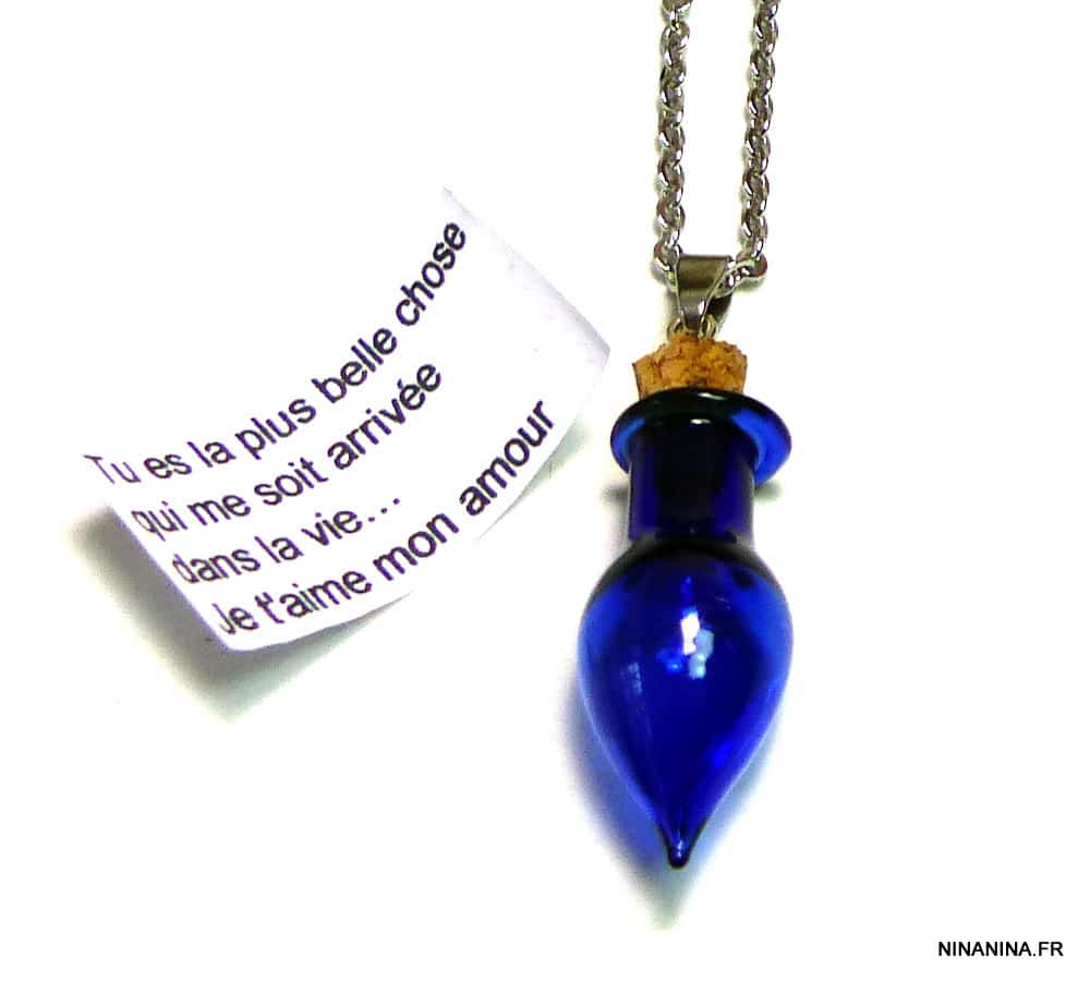 Collier long - Sautoir message personnalisé fiole de verre bleu – Image 2