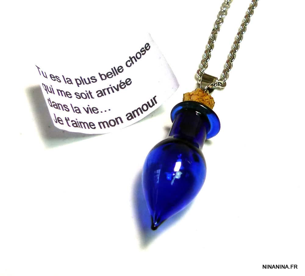 Collier long - Sautoir message personnalisé fiole de verre bleu – Image 4