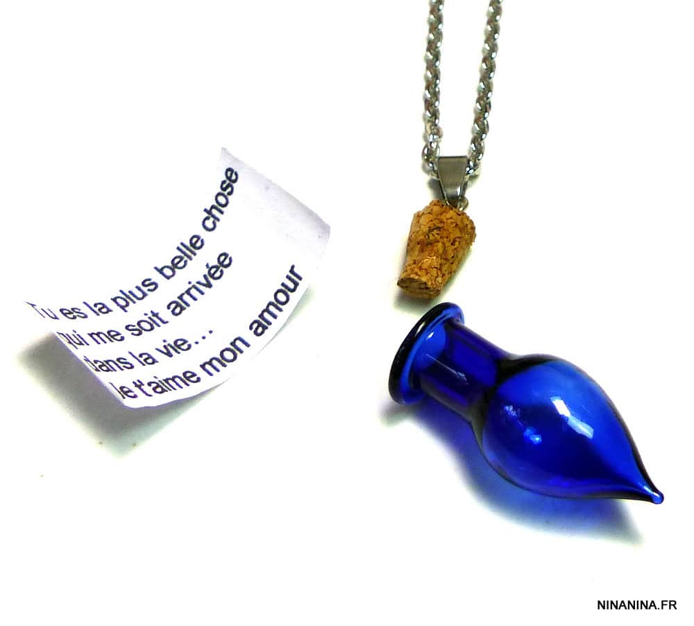 Collier long - Sautoir message personnalisé fiole de verre bleu – Image 5