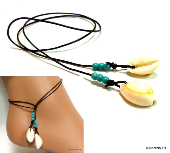 N4891e_chaine_de_cheville_cordon_cuir_coquillages_grain_de_cafe