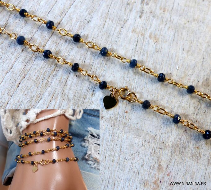 N6241a bracelet Saphir bleu or plaqué coeur - Bijou pierre de naissance septembre - Bijoux Saphir en ligne Ninanina