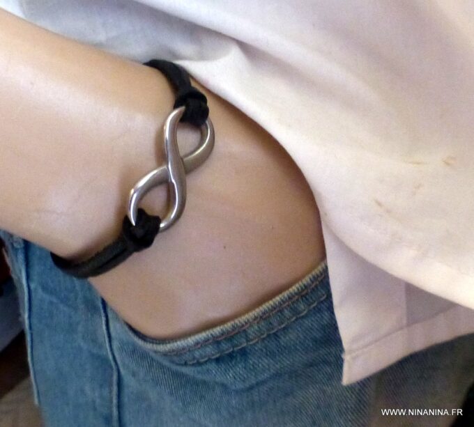 N6541a Bracelet homme infinity acier inoxydable lacet cuir noir - Bijoux Bracelets en ligne Ninanina