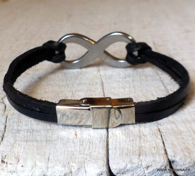 N6541e Bracelet homme infinity acier inoxydable lacet cuir noir - Bijoux Bracelets en ligne Ninanina