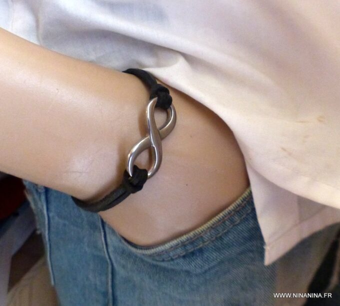 N6541f Bracelet homme infinity acier inoxydable lacet cuir noir - Bijoux Bracelets en ligne Ninanina