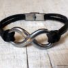 N6541g Bracelet homme infinity acier inoxydable lacet cuir noir - Bijoux Bracelets en ligne Ninanina