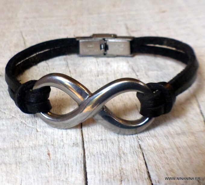 N6541g Bracelet homme infinity acier inoxydable lacet cuir noir - Bijoux Bracelets en ligne Ninanina