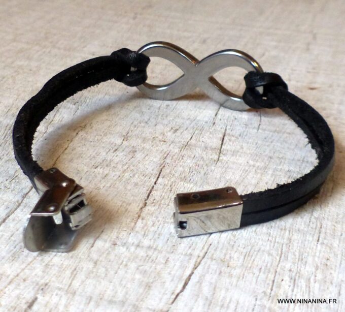 N6541h Bracelet homme infinity acier inoxydable lacet cuir noir - Bijoux Bracelets en ligne Ninanina