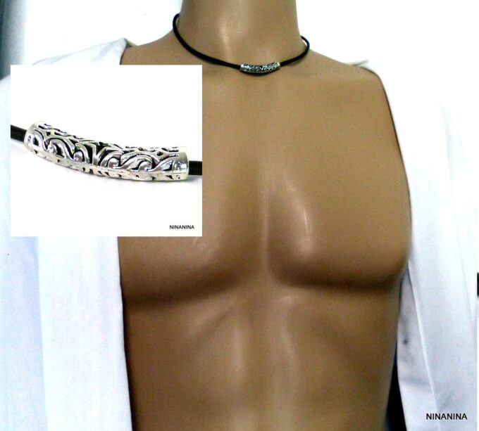 N962A_Collier_homme_femme_mixte_tube_metal_argente_cordon_cuir_NINANINA