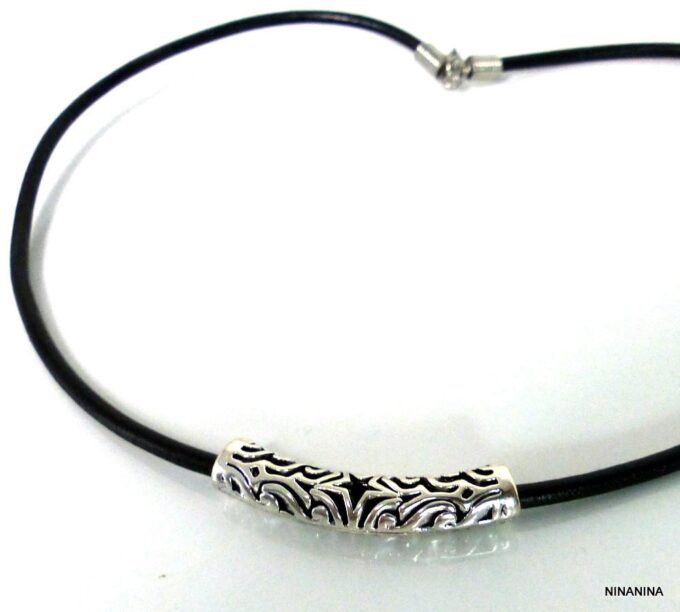 N962B_Collier_homme_femme_mixte_tube_metal_argente_cordon_cuir_NINANINA