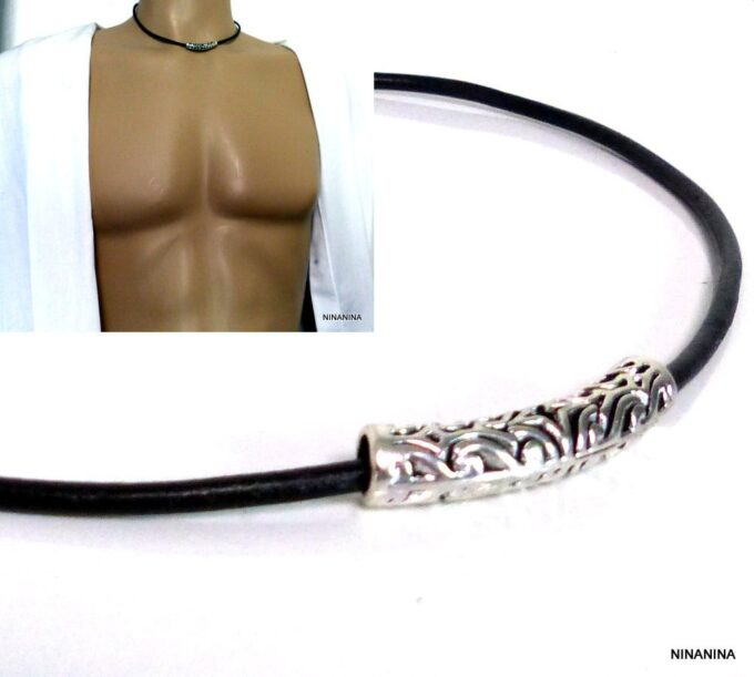 N962D_Collier_homme_femme_mixte_tube_metal_argente_cordon_cuir_NINANINA