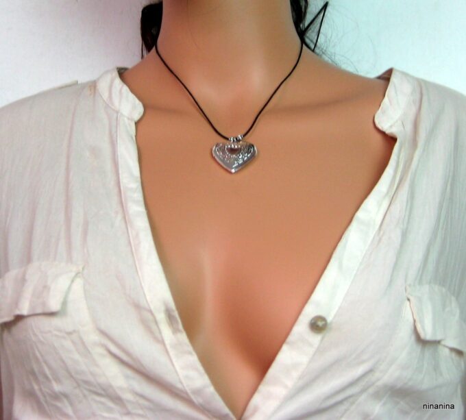 N056terterc collier cordon coeur porte-photo argent