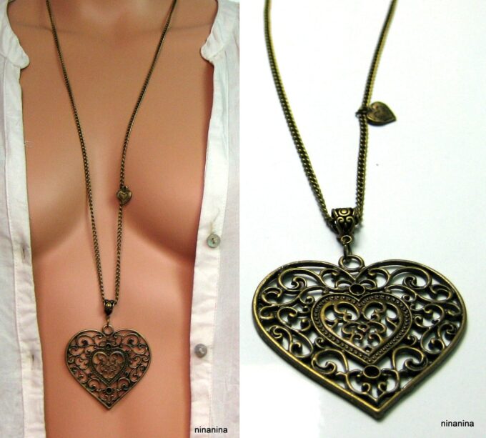 N1014ter collier long coeur métal bronze