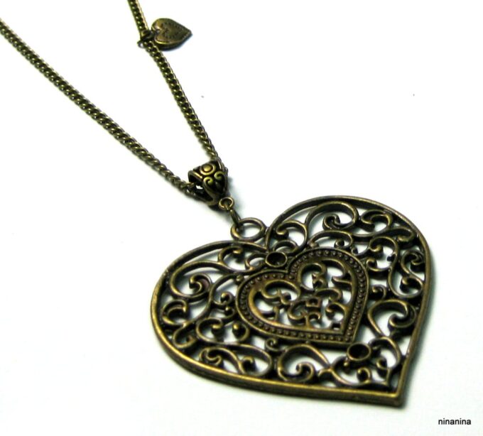 N1014terb collier long coeur métal bronze
