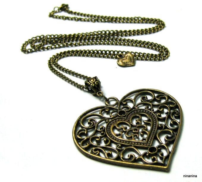 N1014terc collier long coeur métal bronze