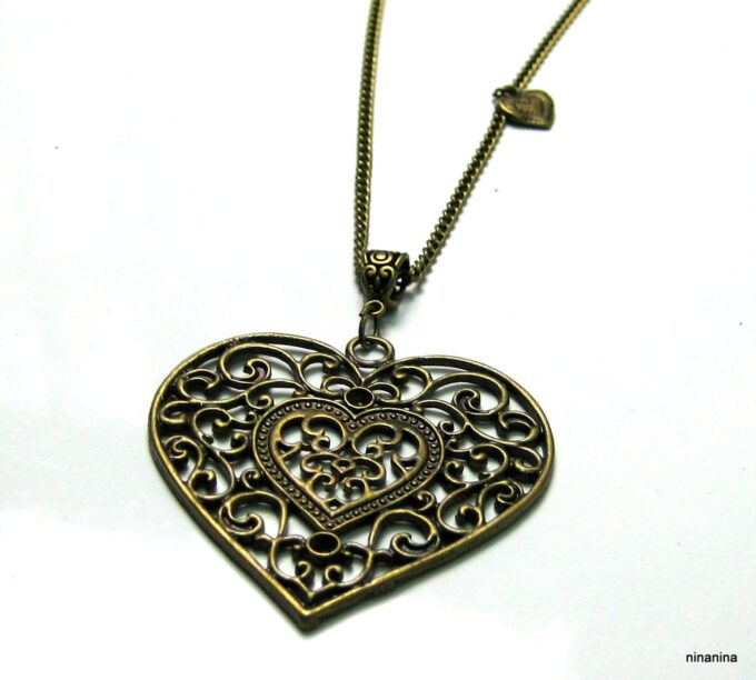 N1014terf collier long coeur métal bronze