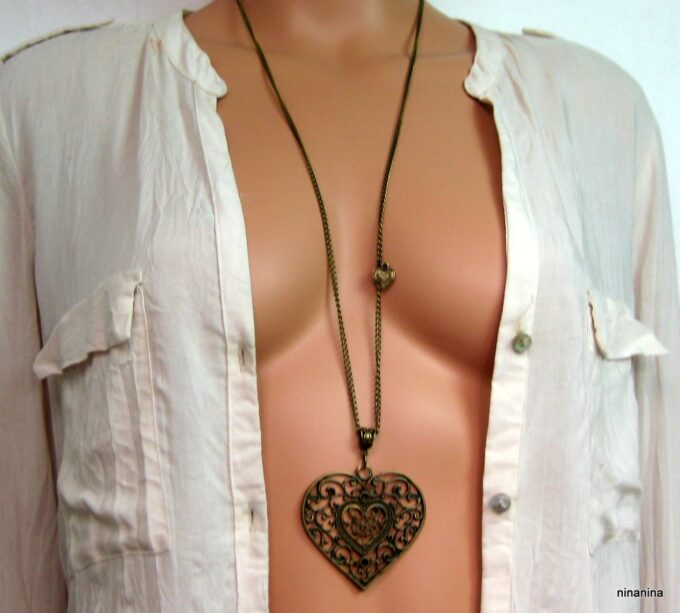 N1014terj collier long coeur métal bronze
