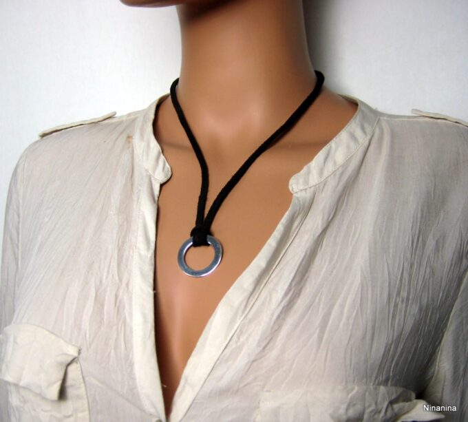 N1078terb collier cordon daim anneau plaque argent